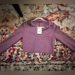 ZARA pink and black houndstooth cropper collared top